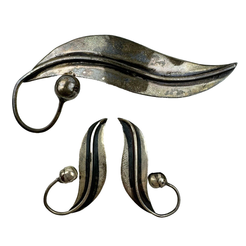 Vintage Mexico Sterling Silver Set Screw Back Earrings & Brooch Mexico Leaf 925